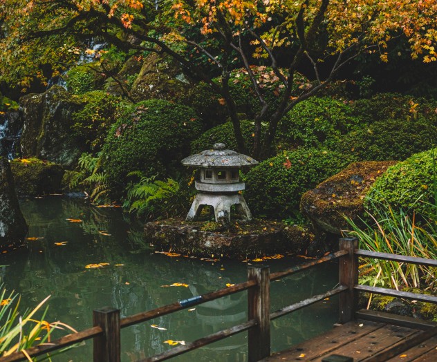 A serene garden scene with autumn trees, a stone lantern by a pond, and a wooden bridge.