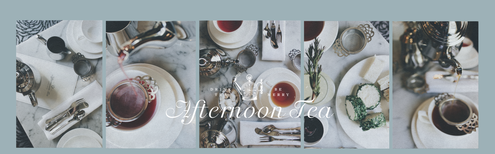 An elegant afternoon tea setup with teapots, cups, plates, cutlery, and snacks on a marble surface and 