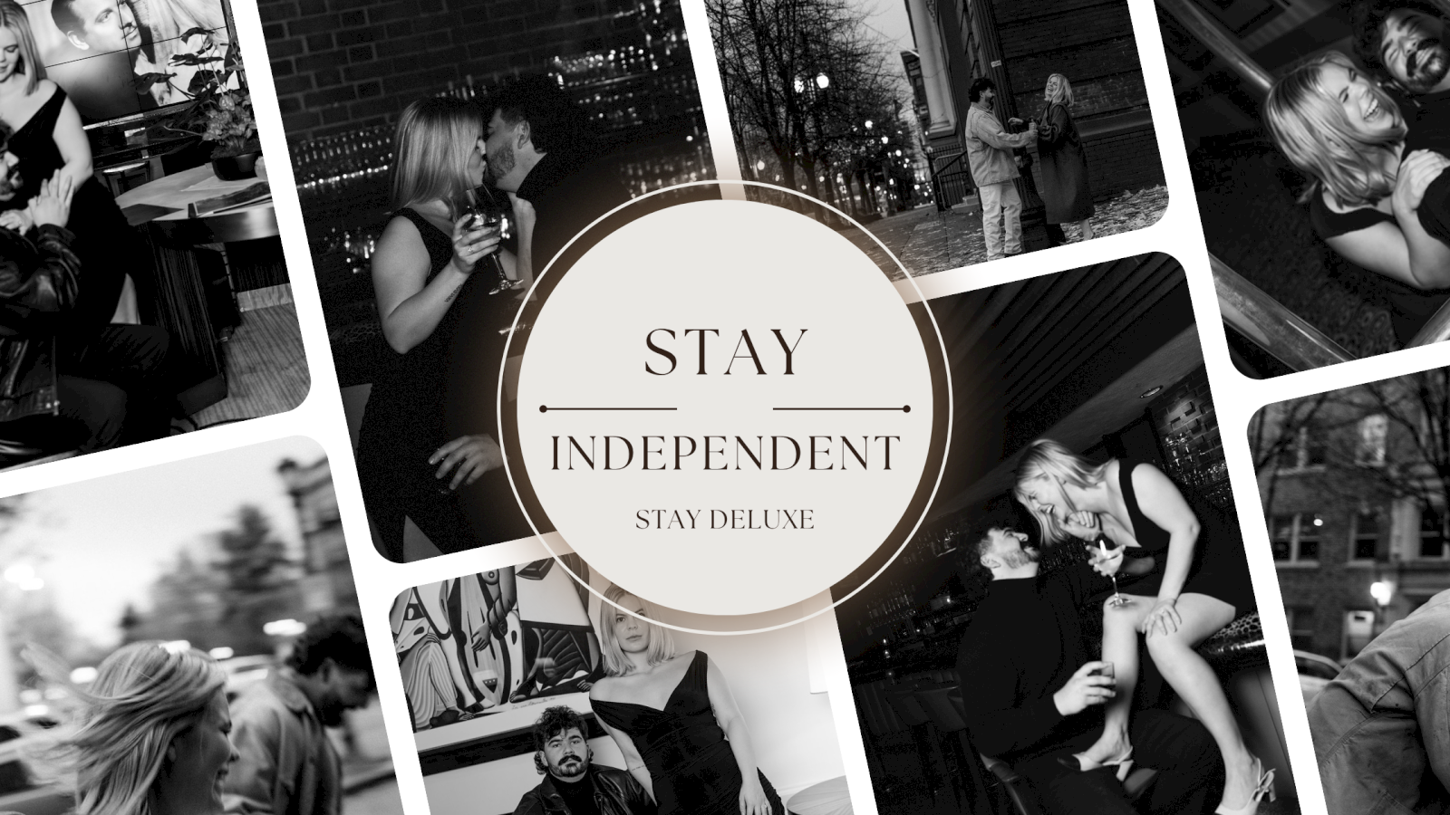 A collage of black and white photos features people socializing and a circular text in the center reading 