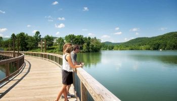 Two people are standing by a lake on a sunny day, looking at the water.