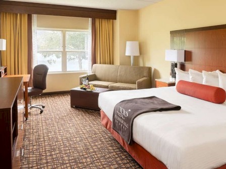 The image shows a hotel room with a large bed, a couch, a desk and chair, a TV, and a window with curtains. The decor is modern and comfortable.