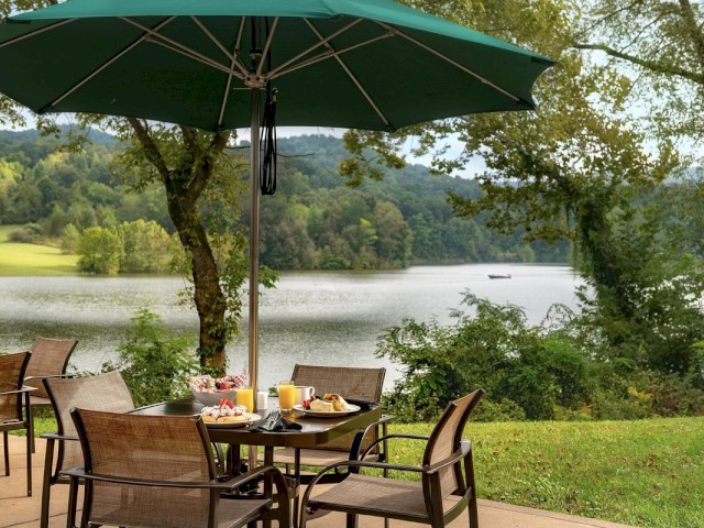 An outdoor dining setup with four chairs and a table under a large green umbrella, overlooking a scenic lake and lush green landscape in the background.